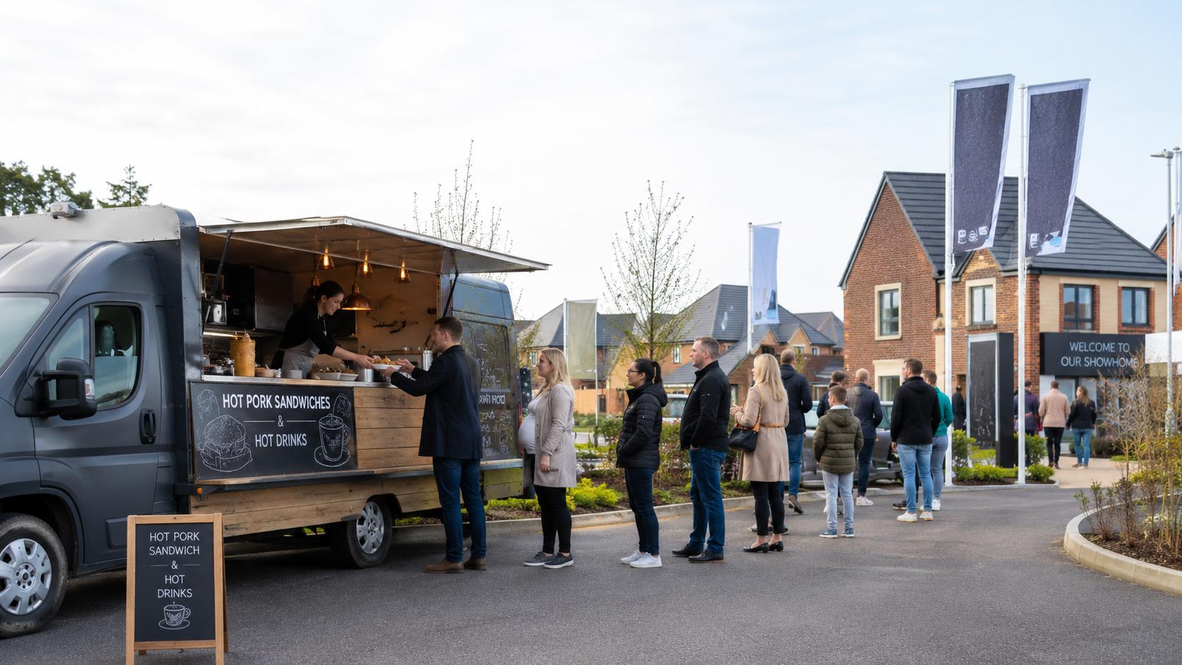 Food van serving visitors at a housing development opening event
